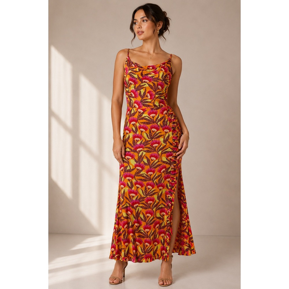 Maliparmi Floral Maxi Dress Womens 40 Orange Cowl Neck Ruffle Resort Euro summer